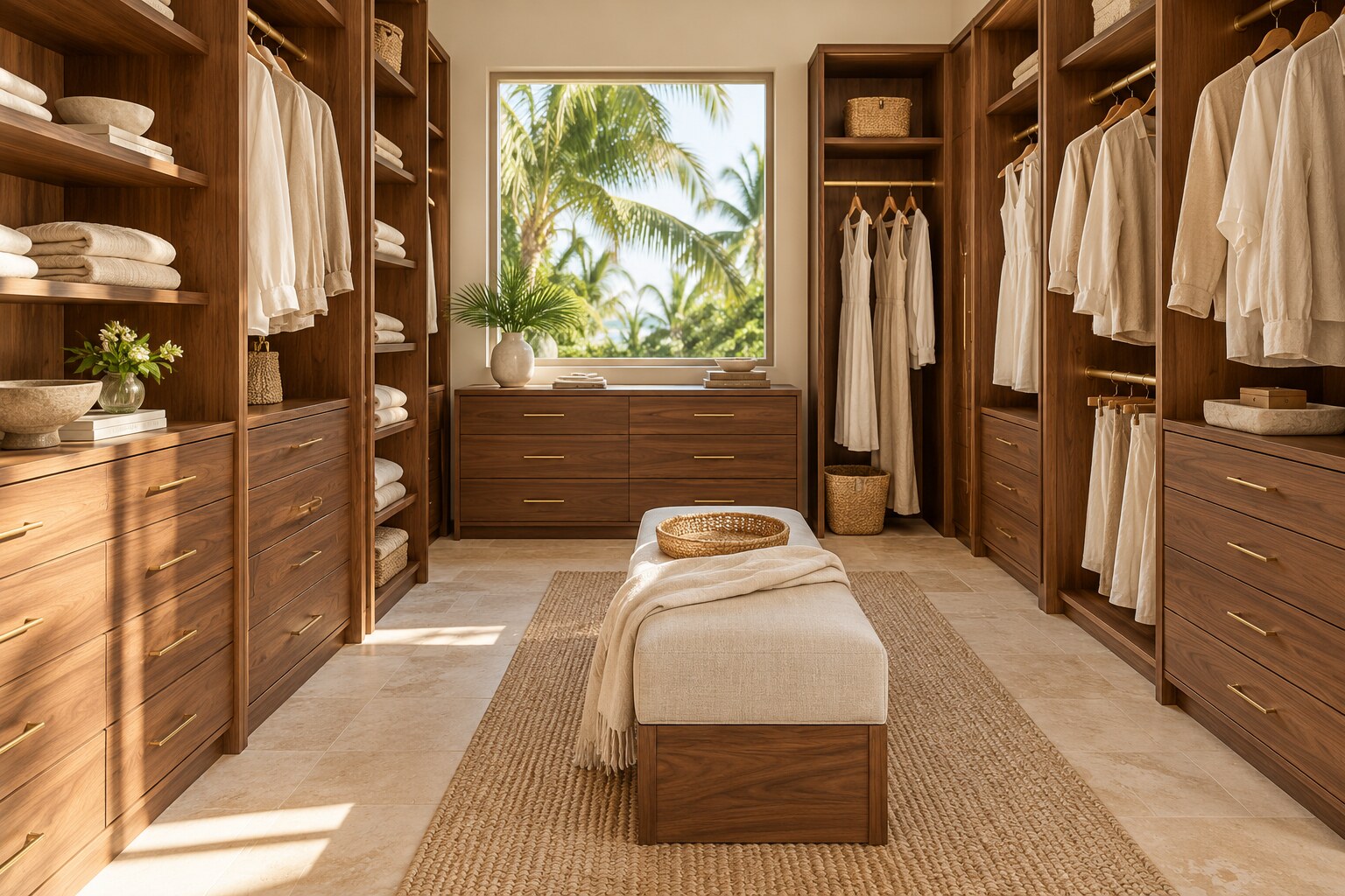 Illustrative concept of a warm walnut walk-in closet with a linen bench and natural daylight